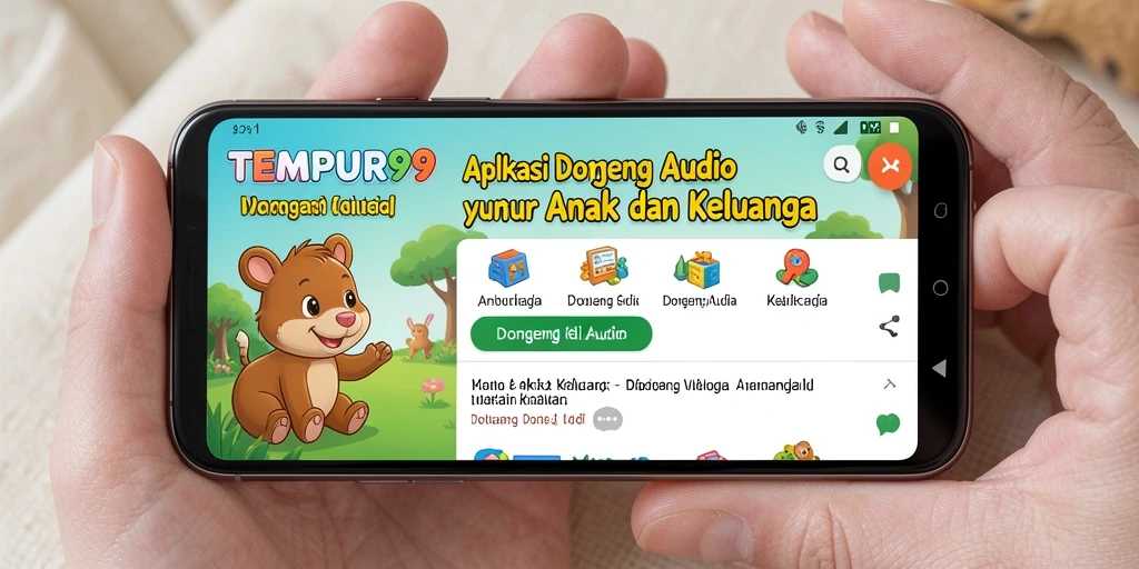 Antarmuka utama TEMPUR99 menampilkan berbagai pilihan dongeng audio untuk anak.